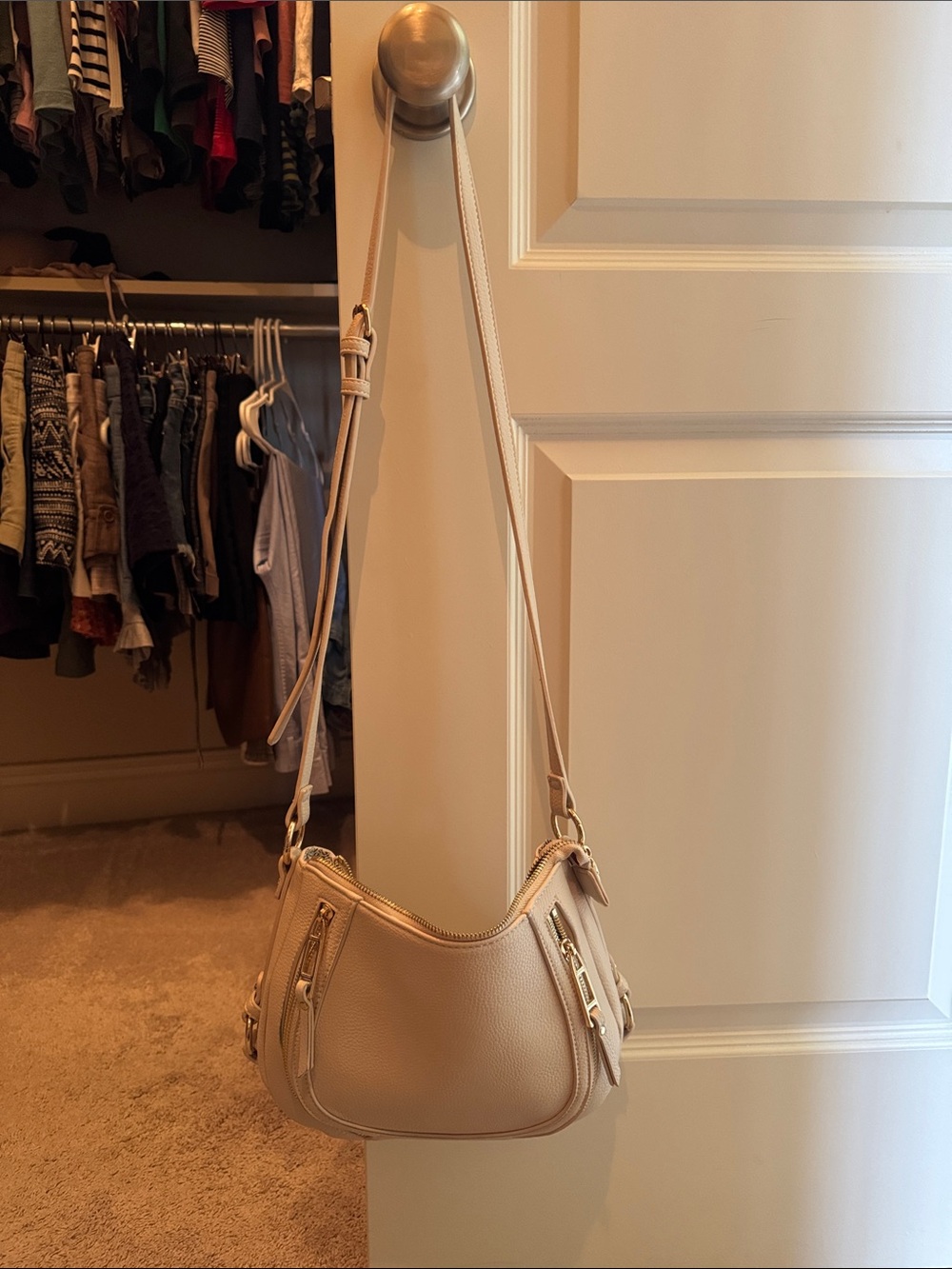 Urban Expressions Beige Leather Shoulder Bag with Gold Hardware
